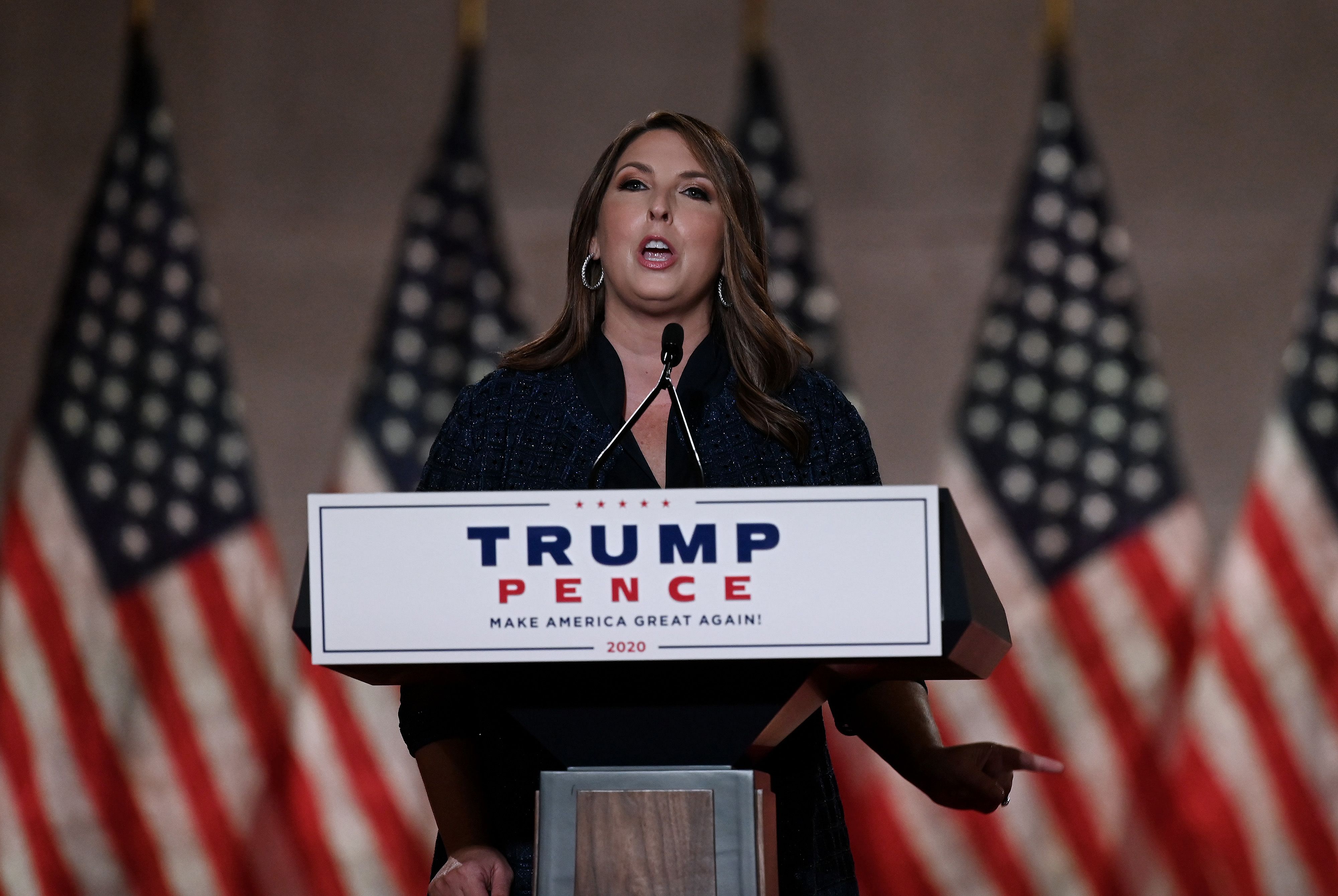 Republican National Committee Chair Ronna McDaniel speaks during the first day of the Republican convention at the Mellon auditorium on August 24, 2020 in Washington, DC. Credit: AFP Photo