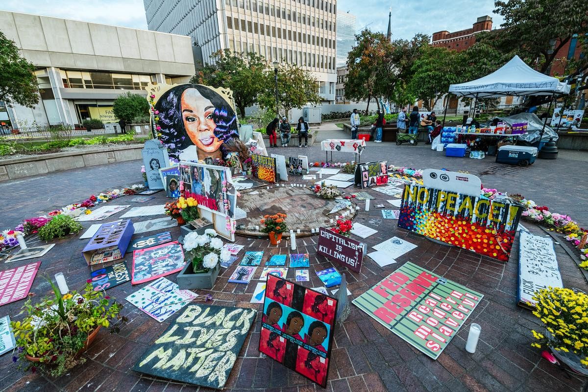 The Breonna Taylor memorial in Jefferson Square Park in Louisville, Kentucky. Kentucky Attorney General Daniel Cameron announced that the grand jury in the Breonna Taylor case had indicted LMPD officer Brett Hankison on three counts of wanton endangerment in the first degree. Jefferson Square Park has remained the epicenter for Black Lives Matter protest action following the March 13th killing of Breonna Taylor by police during a no-knock warrant at her apartment. Credit: AFP Photo
