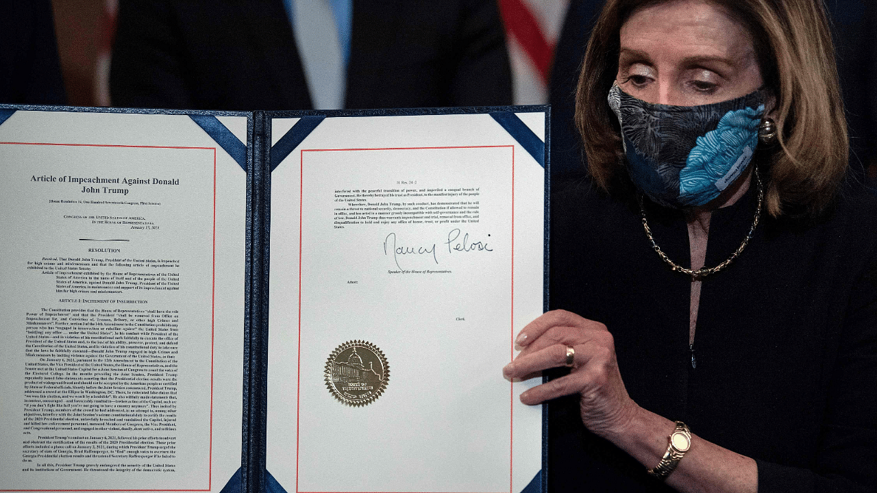 Speaker of the House Nancy Pelosi (D-CA), holds the signed article of impeachment, during an engrossment ceremony after the US House of Representatives voted to impeach the US President Donald Trump at the US Capitol. Credit: AFP Photo