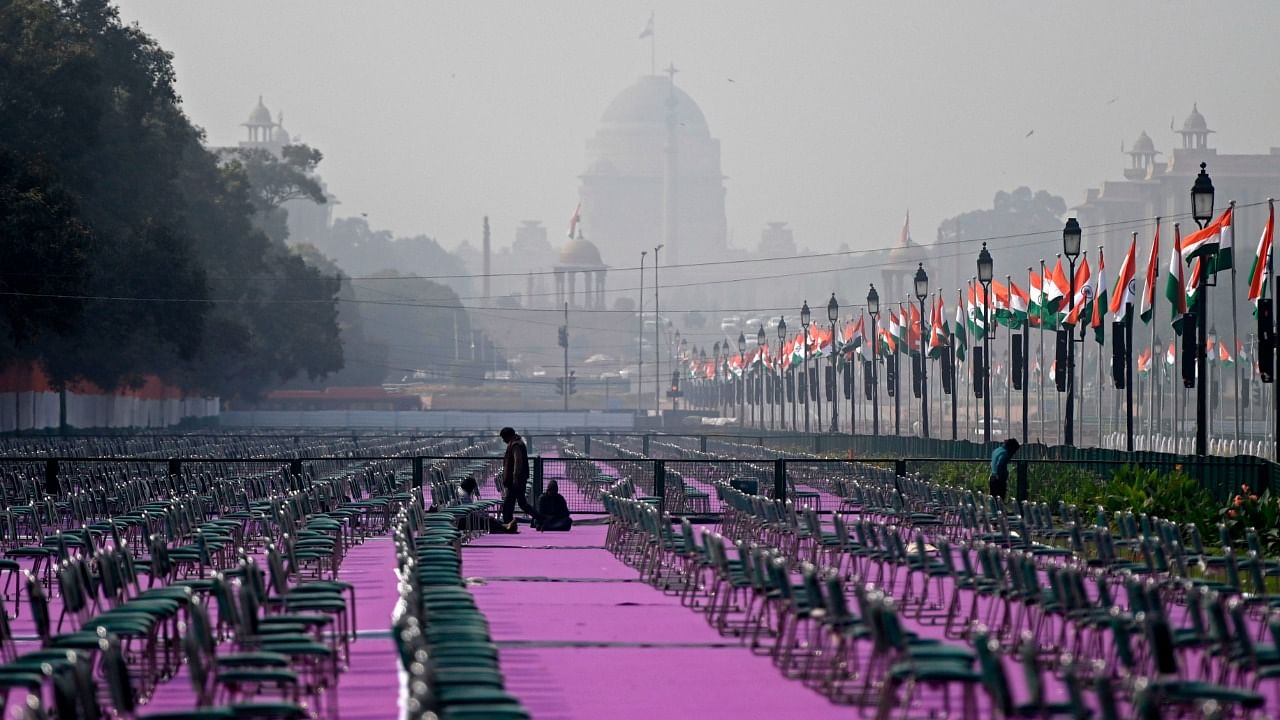 As India gets ready for its 72nd Republic Day in New Delhi, chairs are pictured along the Rajpath for the spectators on the eve. Credit: AFP Photo