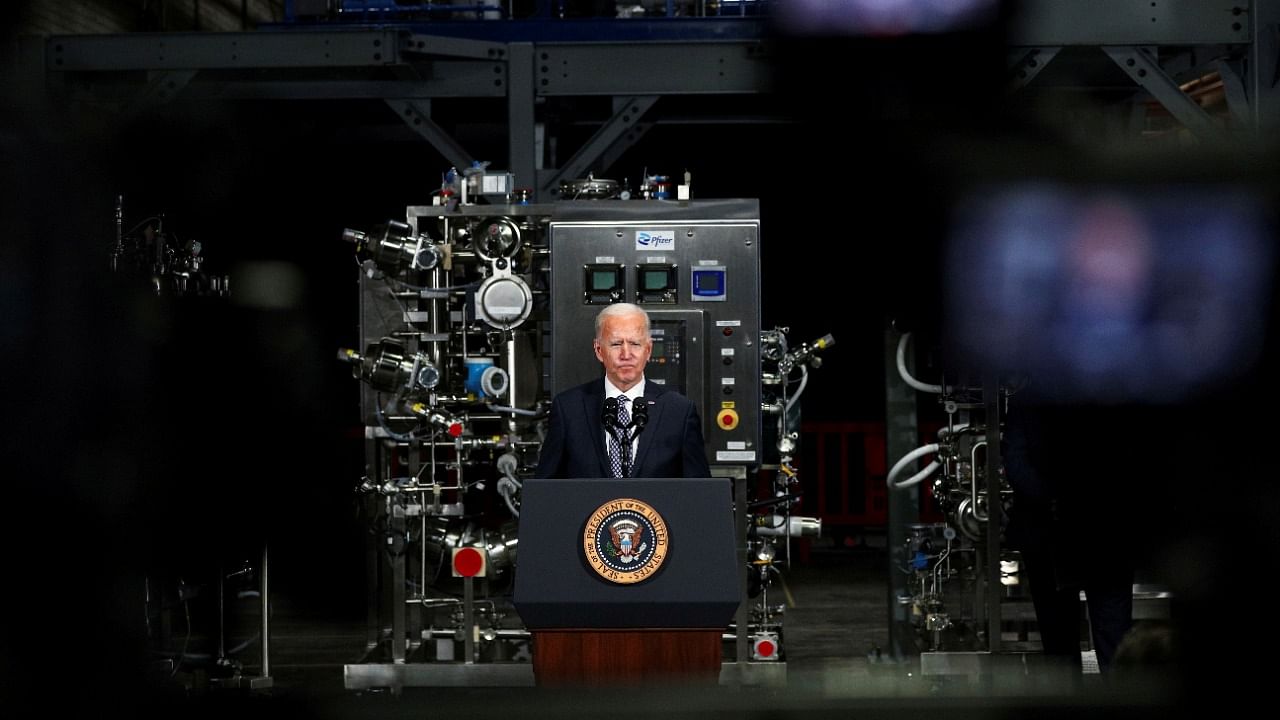US President Joe Biden speaks after a tour of a Pfizer manufacturing plant producing the Covid-19 vaccine in Kalamazoo, Michigan, US. Credit: Reuters Photo
