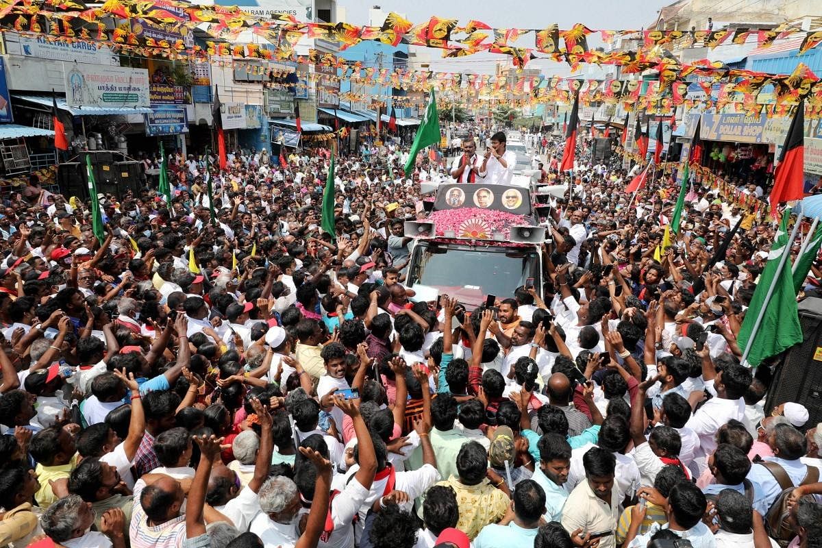 Dravida Munnetra Kazhagam (DMK) Udhayanidhi Stalin during an election campaign rally in support of DMK candidates, ahead of Tamil Nadu assembly polls, in Krishnagiri district. Credit: PTI Photo