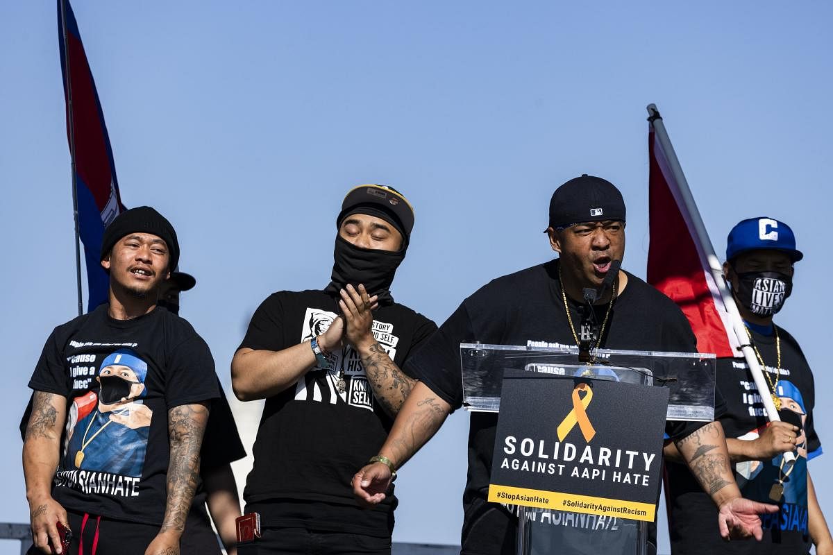Jay B, founder of the Asian Frontliners in Oakland, California, speaks during a rally on the National Mall in Washington. Credit: AFP Photo