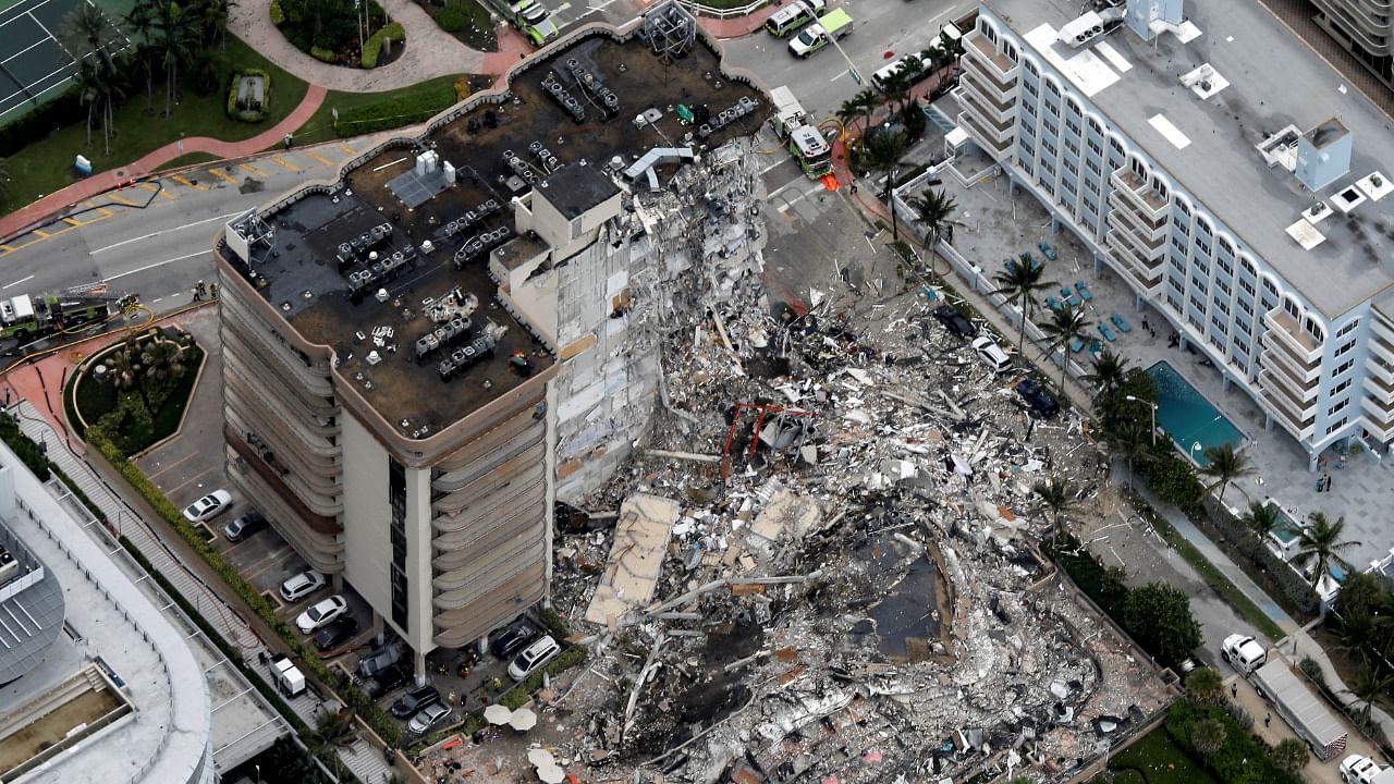An aerial view showing a partially collapsed building in Surfside near Miami Beach, Florida. Credit: Reuters photo