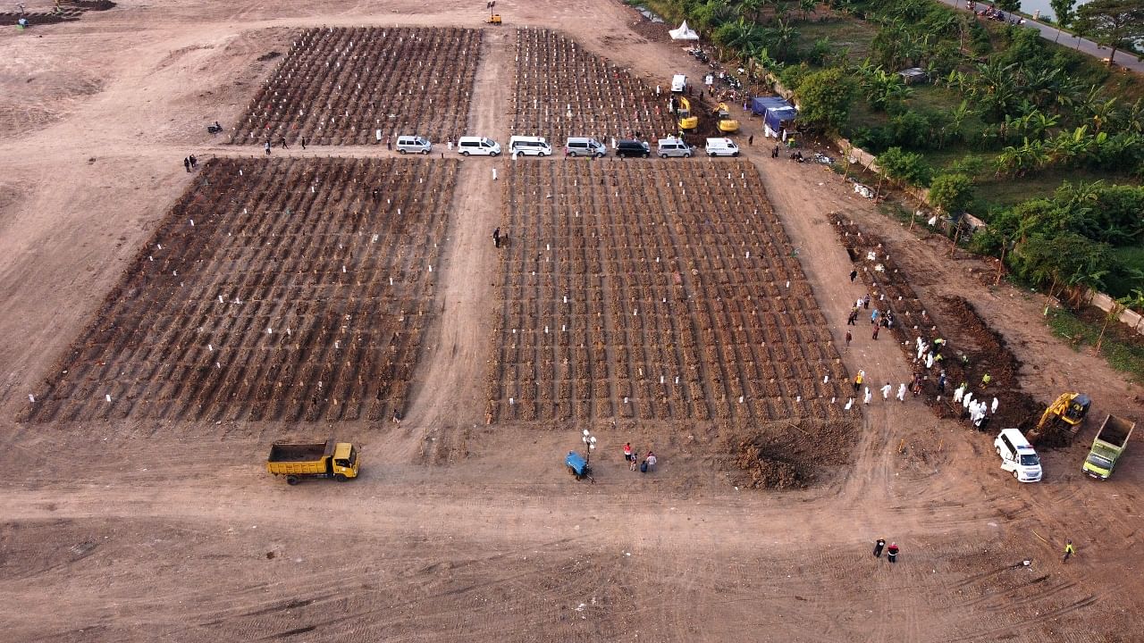 Aerial photos show Indonesia ramping up burial pits amid rising Covid-19 deaths