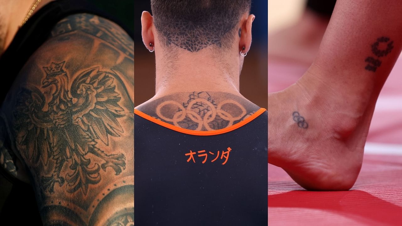 Premium Photo | Power of Olympic Symbolism Colorful Olympic rings hairstyle  and tattoo on a girl's neck