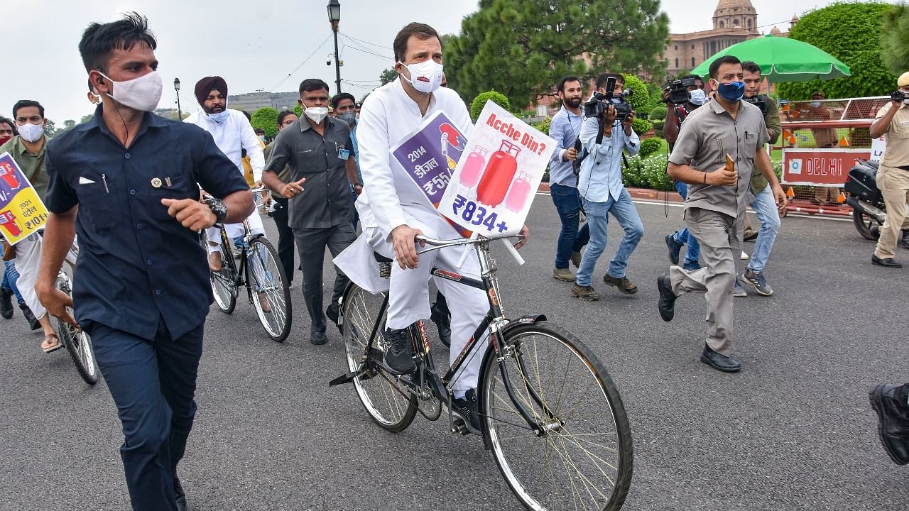 Rahul Gandhi rides bicycle to Parliament to protest fuel hike; see pics