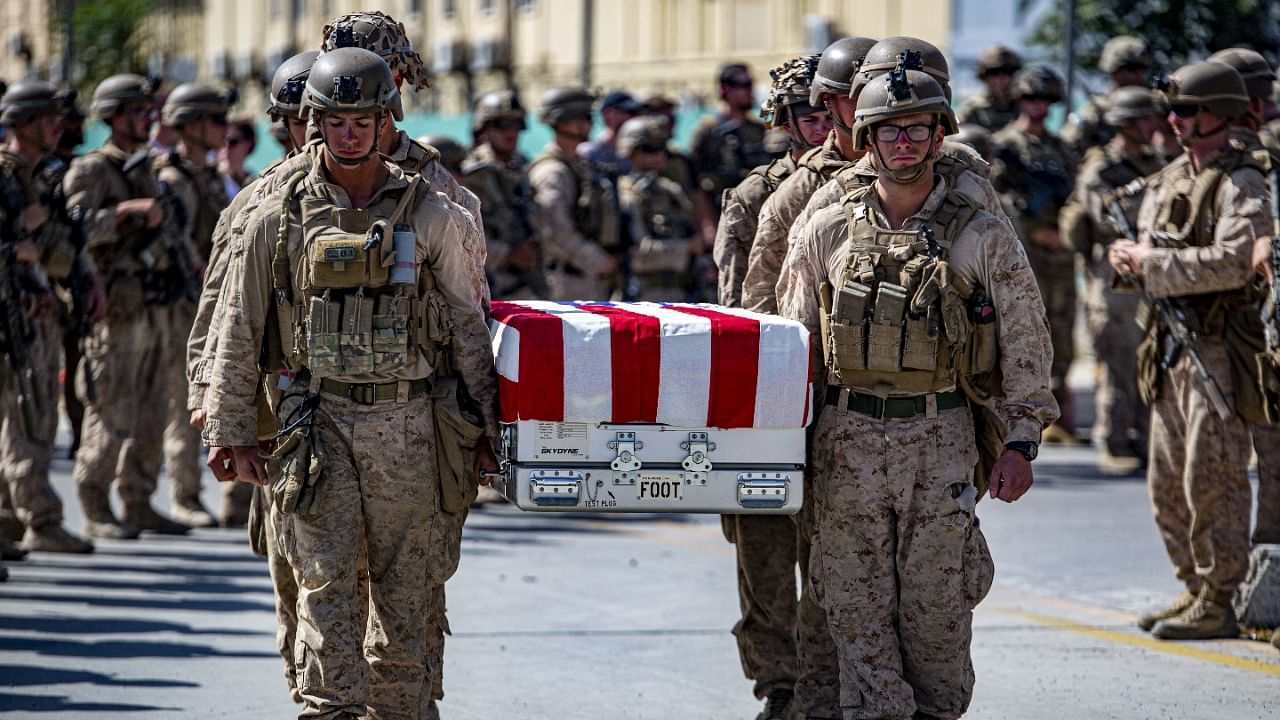 US service members act as pallbearers for the service members killed in action during operations at Hamid Karzai International Airport in Kabul, Afghanistan. Credit: Reuters photo