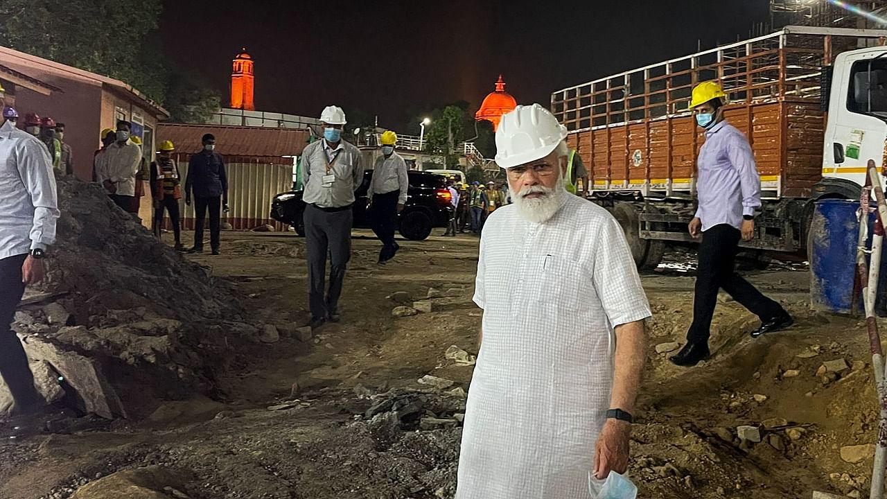 Prime Minister Narendra Modi inspects construction work of new Parliament building in New Delhi. Credit: PTI Photo
