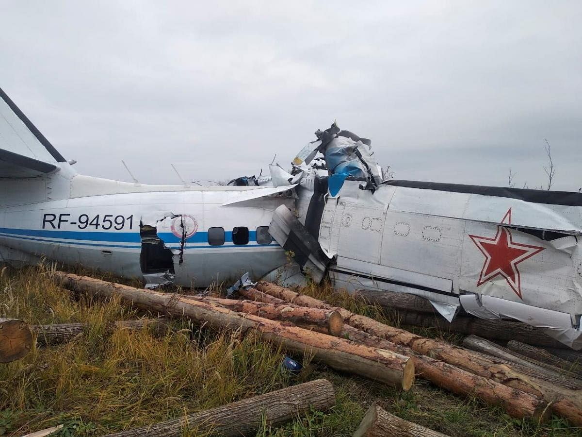 The wreckage of the L-410 plane is seen at the crash site near the town of Menzelinsk in the Republic of Tatarstan, Russia. Credit: Reuters Photo