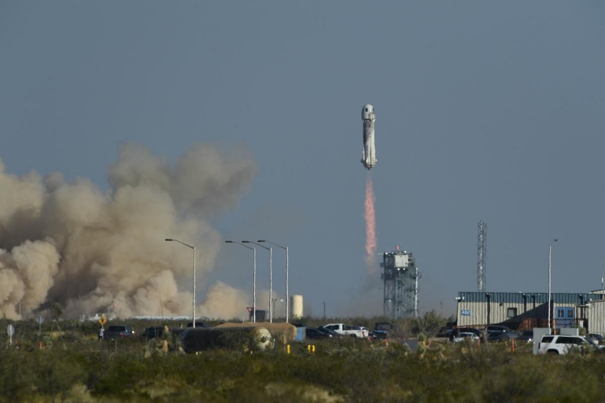 The New Shepard rocket launches from the West Texas region, 25 miles (40kms) north of Van Horn. - "Star Trek" actor William Shatner is going to where no 90-year-old has gone before when he blasts off to space on Blue Origin's second crewed mission, NS-18. Credit: AFP Photo