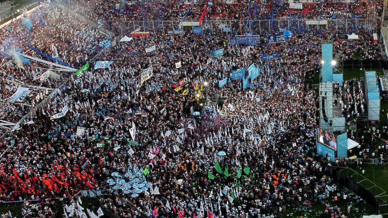 Aerial view during a gathering of pro-government supporters on the 11th anniversary of the death of Argentinian former President (2003-2007) Nestor Kirchner at the Deportivo Moron stadium in Moron, Buenos Aires province, Argentina. Credit: AFP Photo