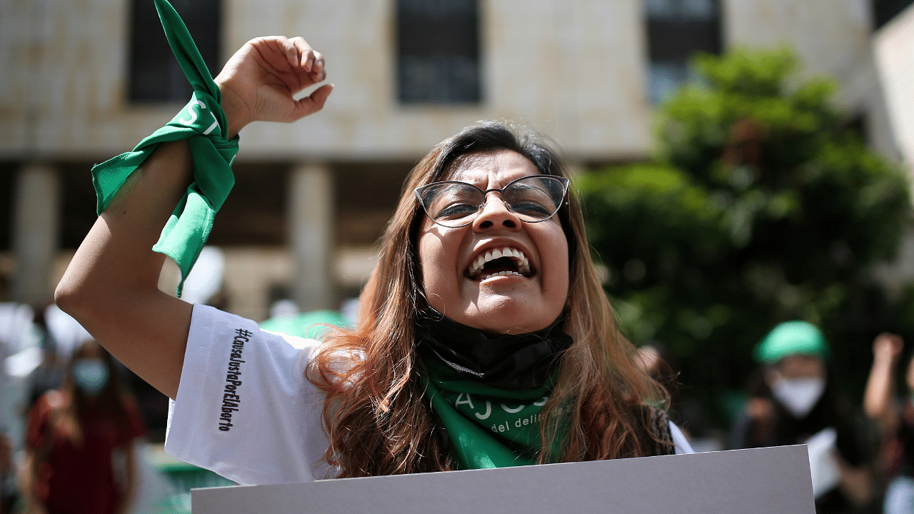 A woman belonging to the "Causa Justa" movement demonstrates during a symbolic event in front of the constitutional court, in favor of the elimination of abortion as a crime, in Bogota, Colombia. Credit: Reuters Photo