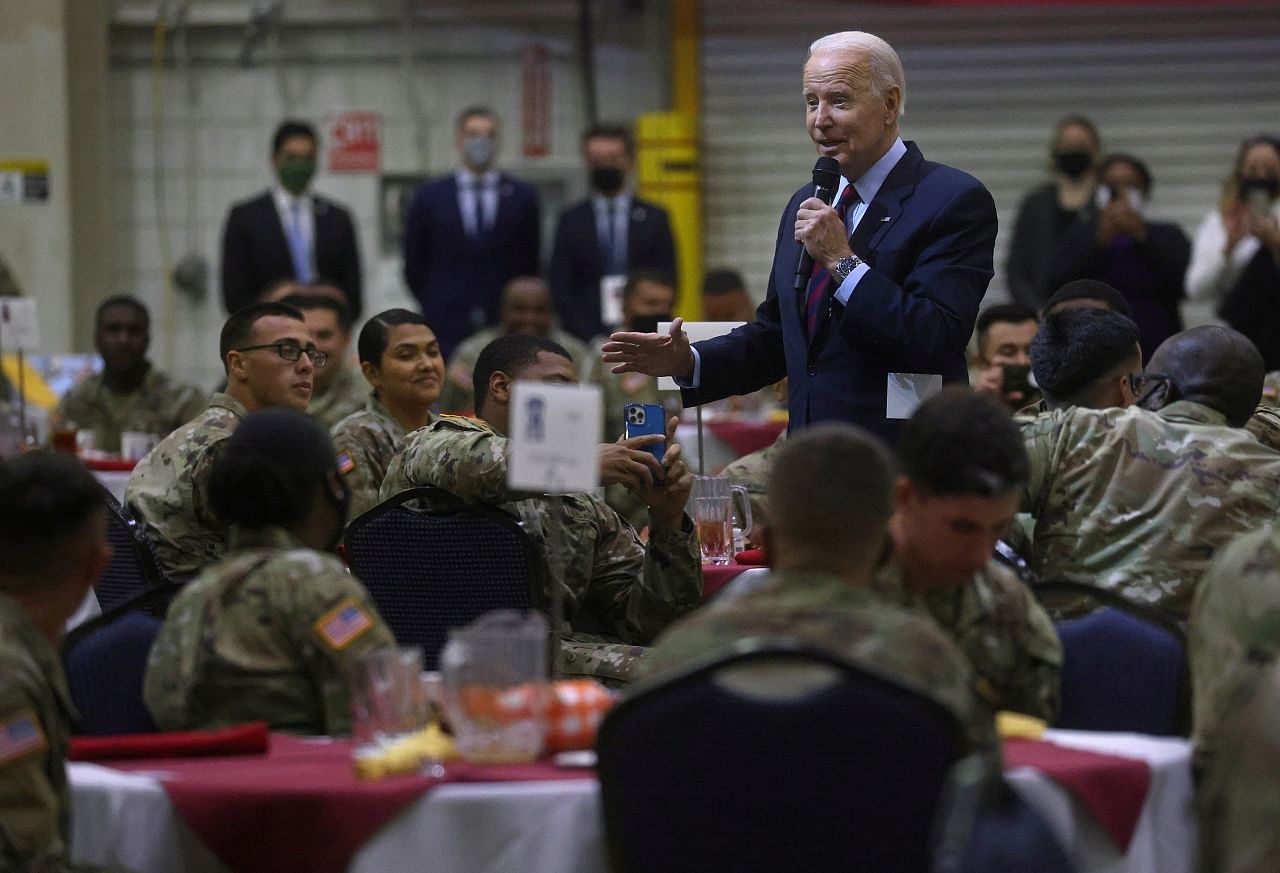 US President Joe Biden speaks during a Thanksgiving event with US service members and military families at Fort Bragg. Credit: Reuters Photo