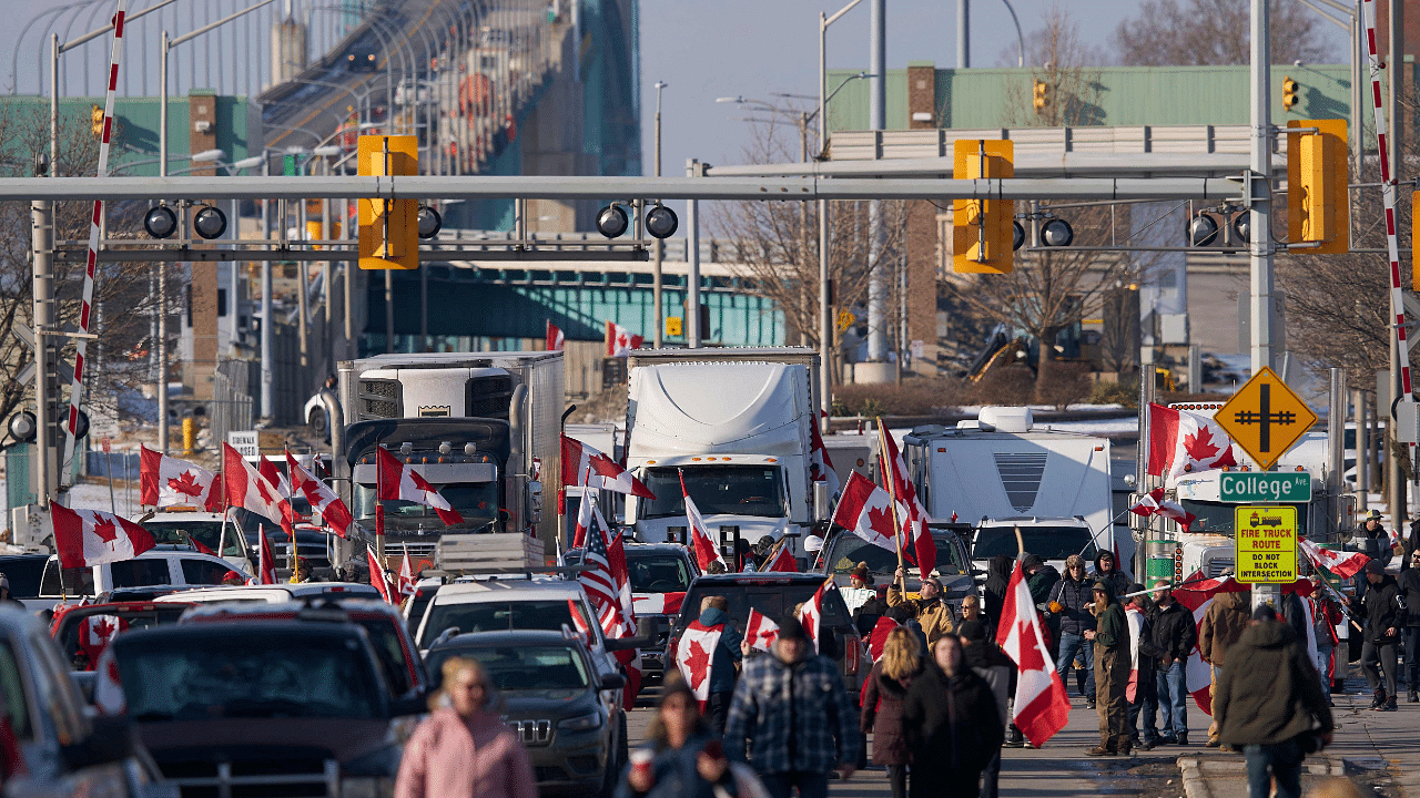 The protestors, who are in support of the Truckers Freedom Convoy in Ottawa, have blocked traffic in the Canada bound lanes of the bridge since Monday evening. Approximately $323 million worth of goods cross the Windsor-Detroit border each day at the Ambassador Bridge, making it North America’s busiest international border crossing. Credit: AFP Photo