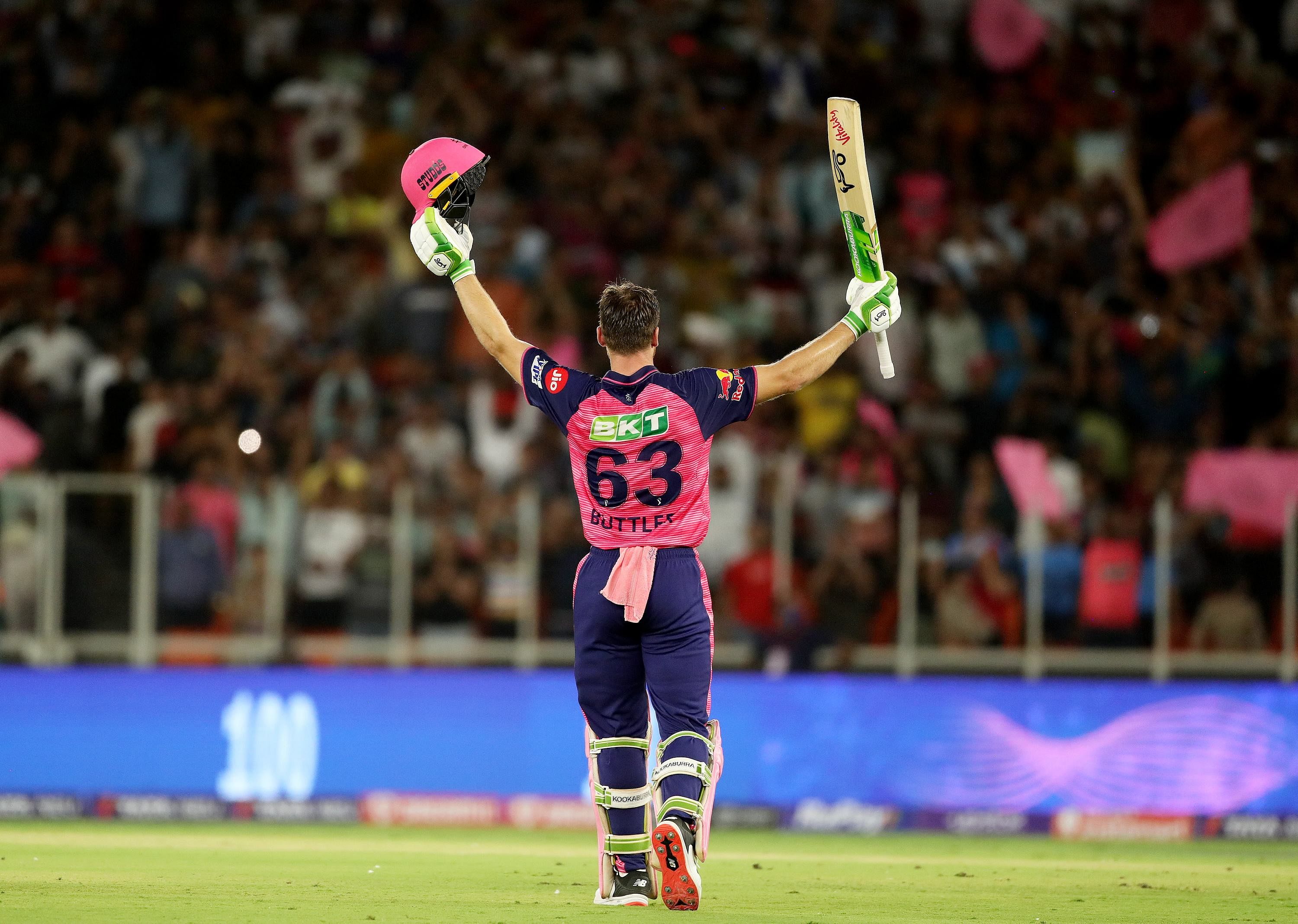 Jos Buttler of Rajasthan Royals celebrates his century during the Indian Premier League 2022 Qualifier 2 cricket match between Rajasthan Royals and Royal Challengers Bangalore. Credit: PTI
