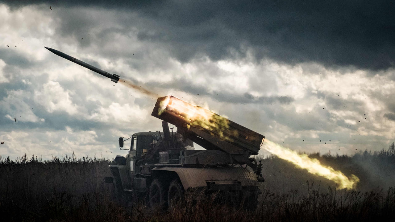 A BM-21 'Grad' multiple rocket launcher fires at Russian positions in Kharkiv region on October 4, 2022. Credit: AFP Photo