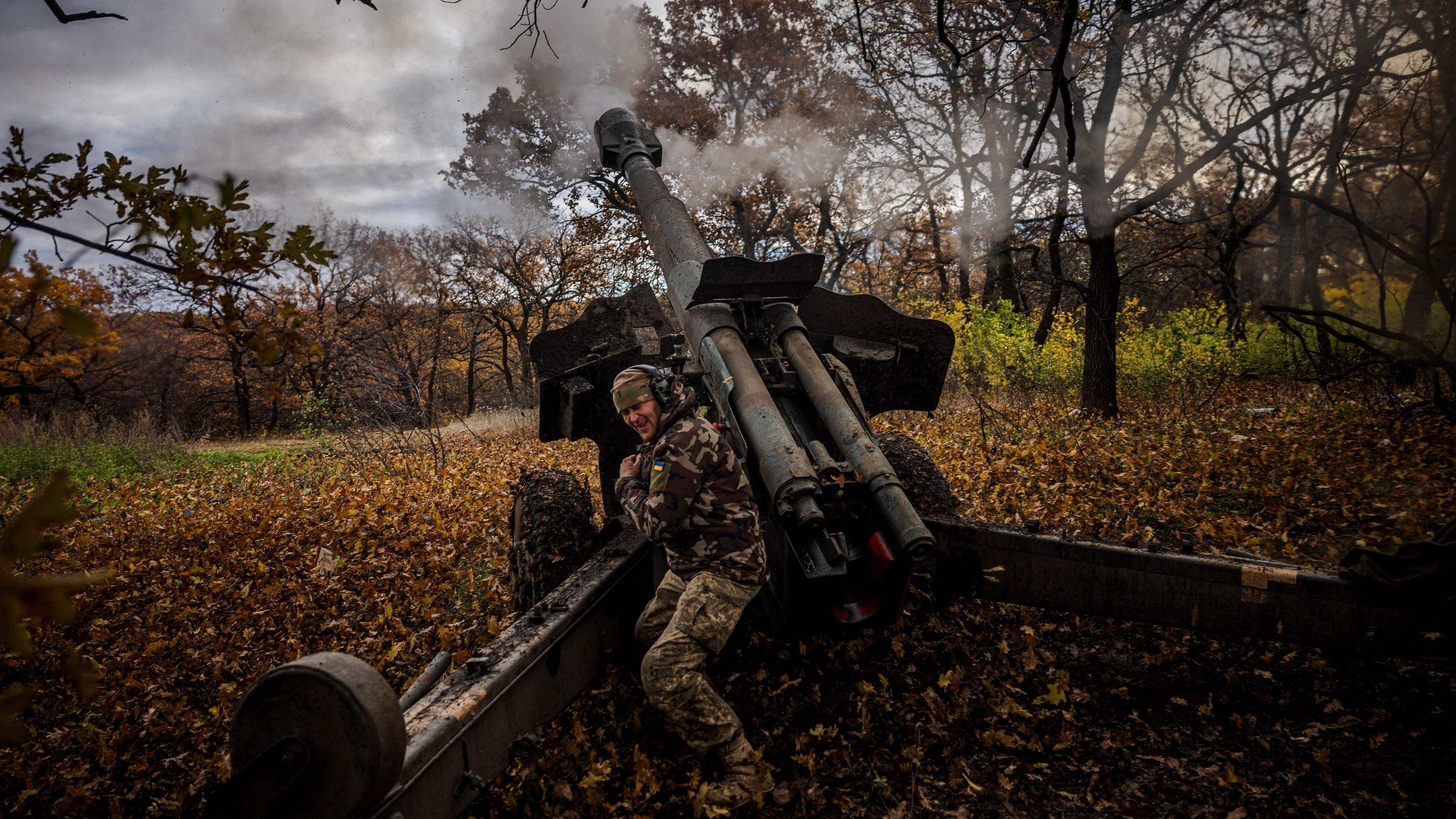 A Ukrainian artilleryman fires a 152 mm towed gun-howitzer (D-20) at a position on the front line near the town of Bakhmut, in eastern Ukraine's Donetsk region, on October 31, 2022, amid Russian invasion of Ukraine. Credit: AFP Photo