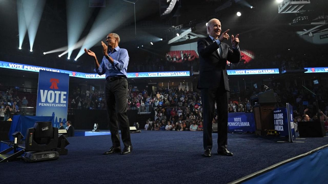 Former US President Barack Obama and US President Joe Biden participate in a rally in support of Democratic US Senate candidate John Fetterman in Philadelphia. Credit: AFP Photo