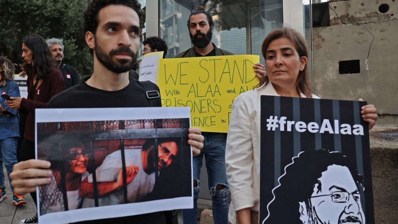 Protesters gather on November 7, 2022 near the British embassy in the Lebanese capital Beirut to demand the release of jailed British-Egyptian political dissident Alaa Abdel Fattah. Credit: AFP Photo