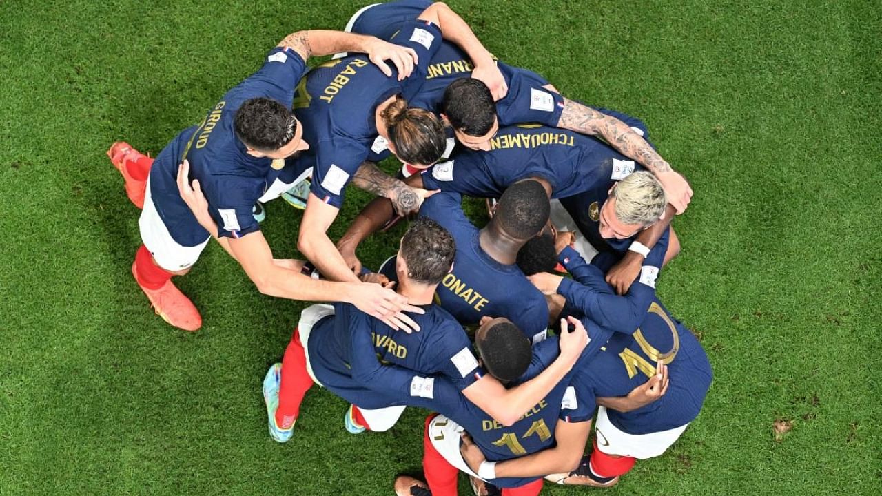 France players celebrates scoring their team's third goal during the Qatar 2022 World Cup Group D football match between France and Australia at the Al-Janoub Stadium in Al-Wakrah, south of Doha. Credit: AFP Photo