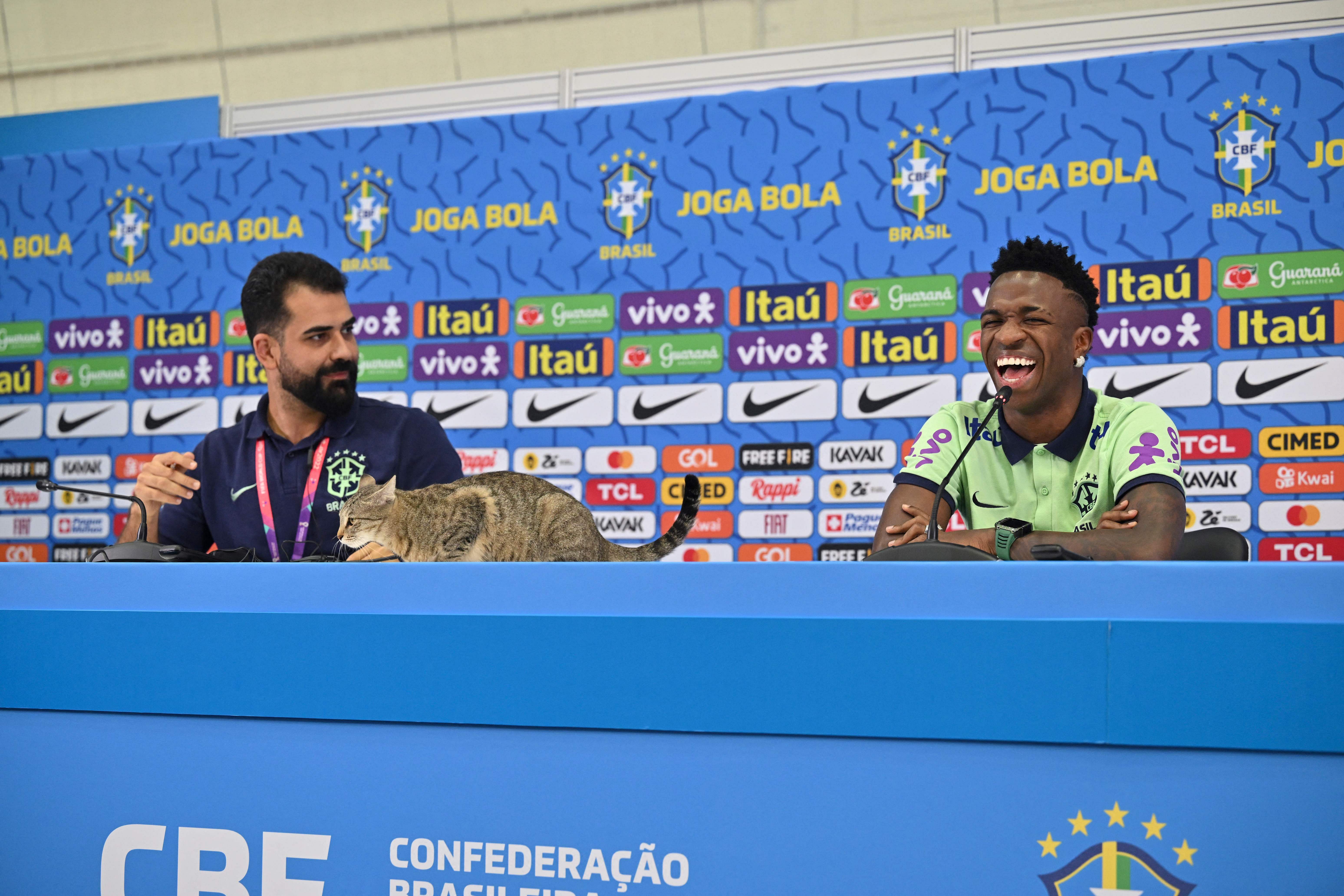 A cat climbs onto the conference table as Brazil's forward #20 Vinicius Junior laughs as he gives a press conference at the Al Arabi SC Stadium in Doha on December 7, 2022. Credit: AFP Photo