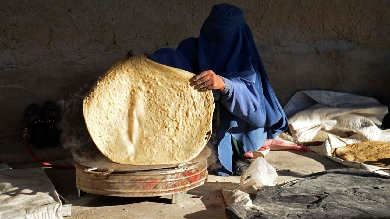 An Afghan woman worker prepares bread at a workplace to sell in a market in Kandahar on January 5, 2023. Credit: AFP Photo