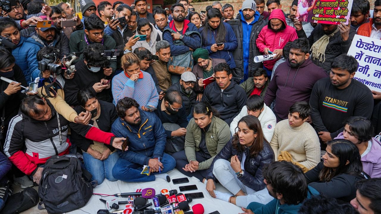 Indian wrestlers stage protest against WFI at Jantar Mantar Credit: PTI Photo