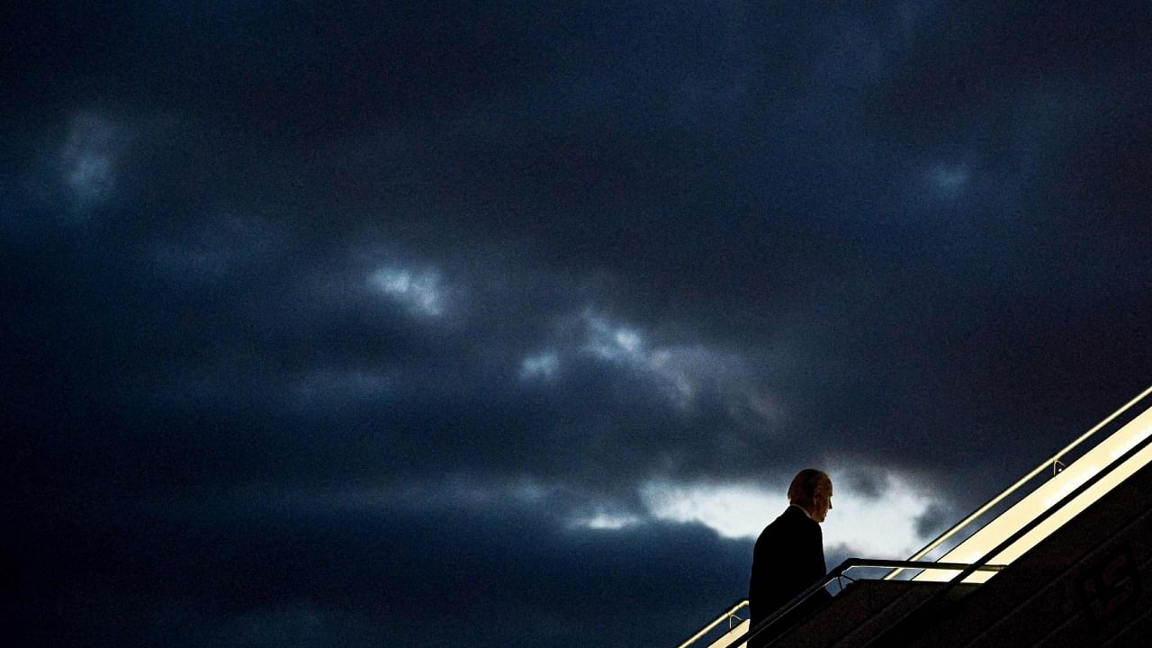 US President Joe Biden boards Air Force One before departing Warsaw Chopin Airport in Warsaw on February 22, 2023. Credit: AFP Photo