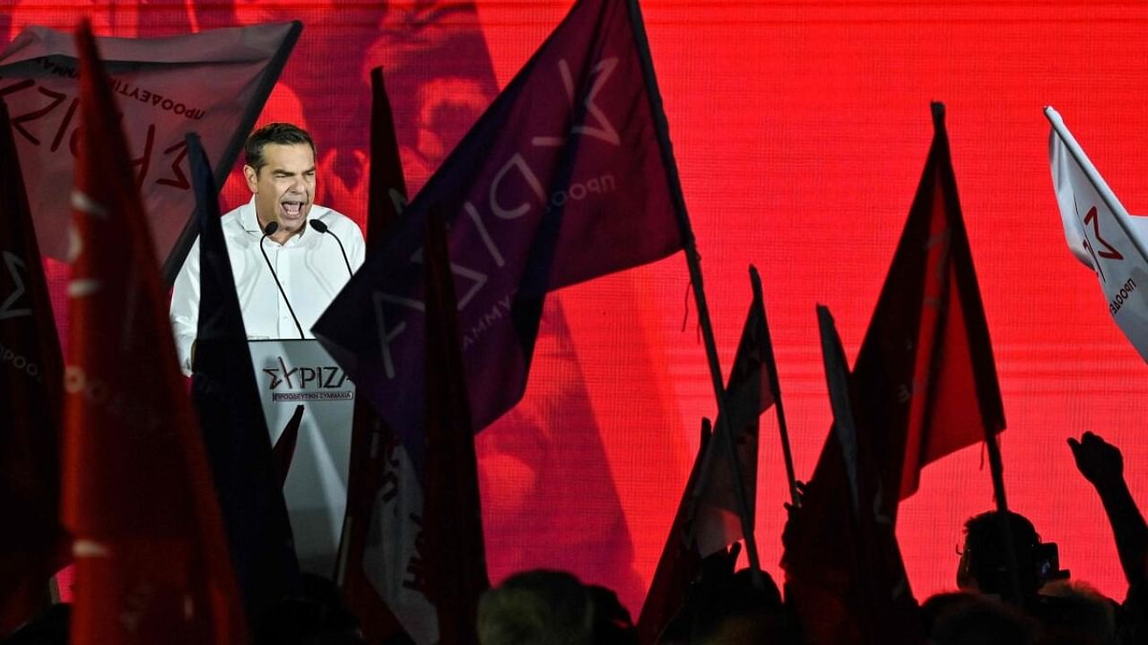 Leader of the leftist Syriza party, Alexis Tsipras delivers a speech during the party's campaign rally in Patras, southern Greece, on May 19, 2023, ahead of Greece's general elections. Credit: AFP Photo