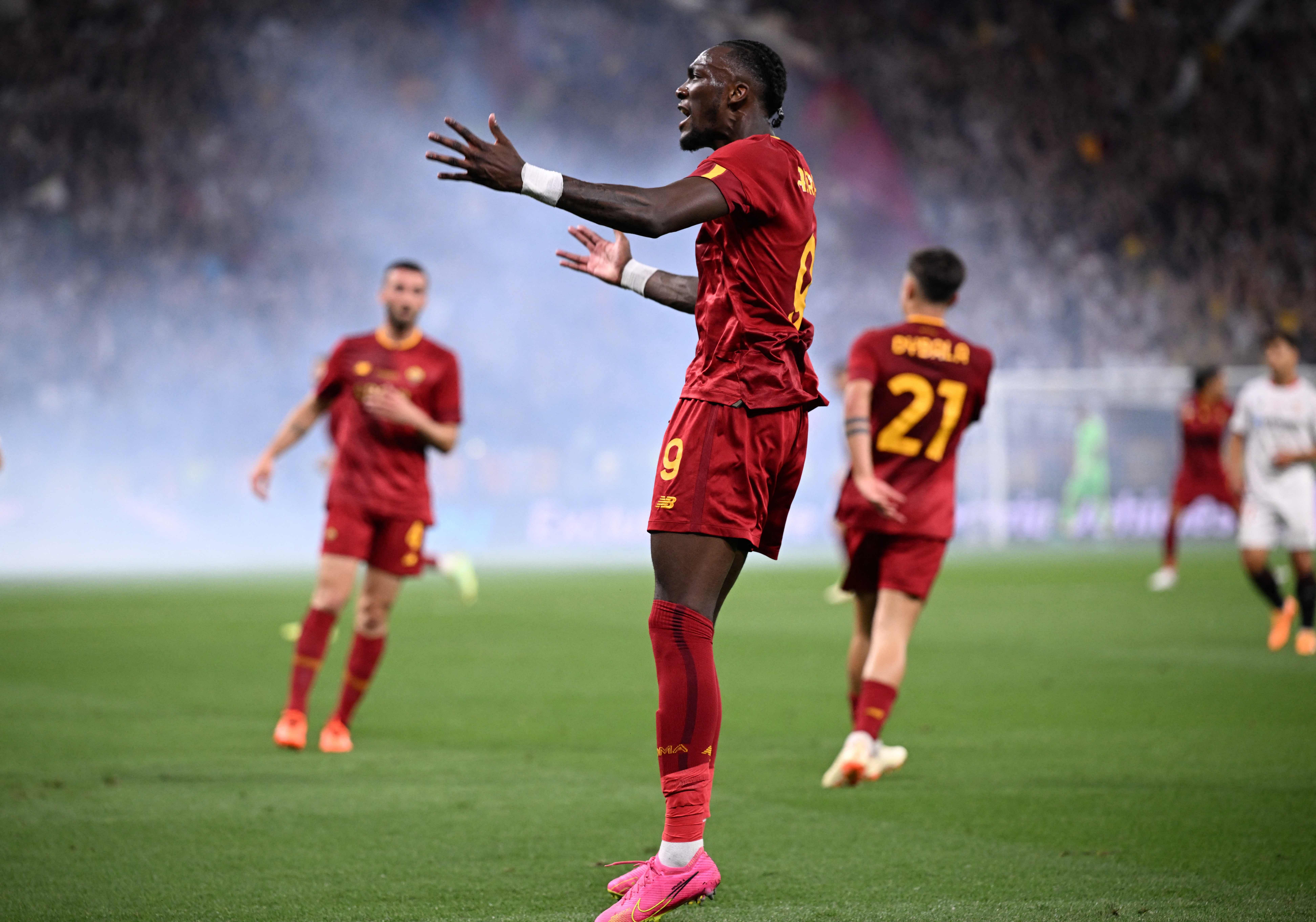 AS Roma's English forward Tammy Abraham celebrates his team's first goal during the UEFA Europa League final football match between Sevilla FC and AS Roma at the Puskas Arena in Budapest on May 31, 2023. Credit: AFP Photo