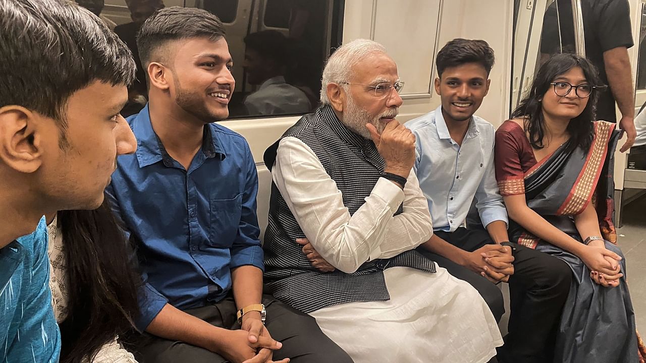 PM Modi travels on metro to attend Delhi University event. Credit: Twitter/@narendramodi