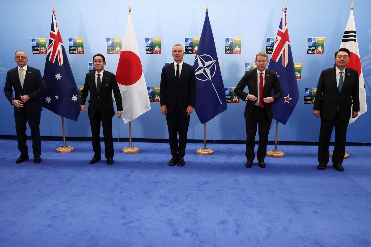 Leaders pose for a group photo, along with NATO Secretary-General Jens Stoltenberg, during a NATO summit in Vilnius, Lithuania. Credit: Reuters