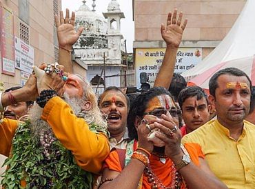 Devotees gather outside the Gyanvapi mosque, in Varanasi. Credit: PTI Photo