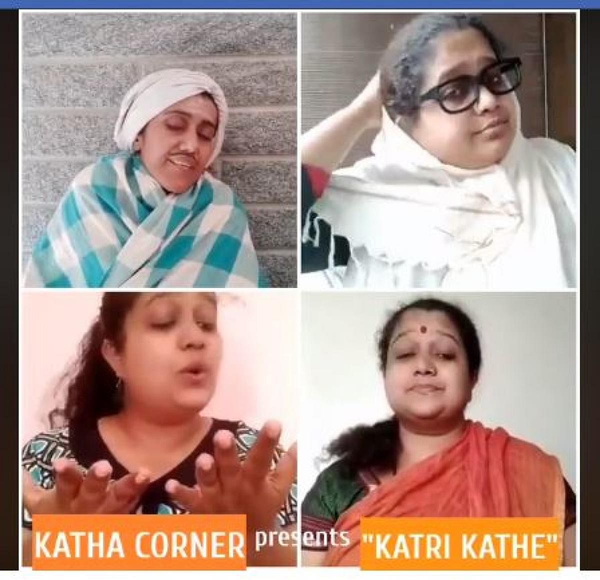 Storytellers (from left) Ramya Srinidhi, Geeta Ramanujam, Sowmya Srinivasan conduct virtual sessions; Katha Corner artistes enact a story through a video-conferencing app.