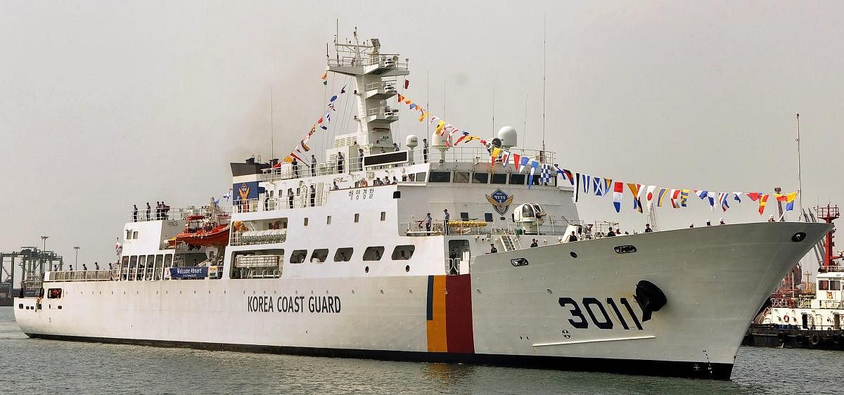 Korean Coast Guard ship Badaro 3011, commanded by Superintendent Oh Taeog, arrives to participate in the Indo-Korea Joint Exercise 2018, at the Chennai port. PTI Photo 